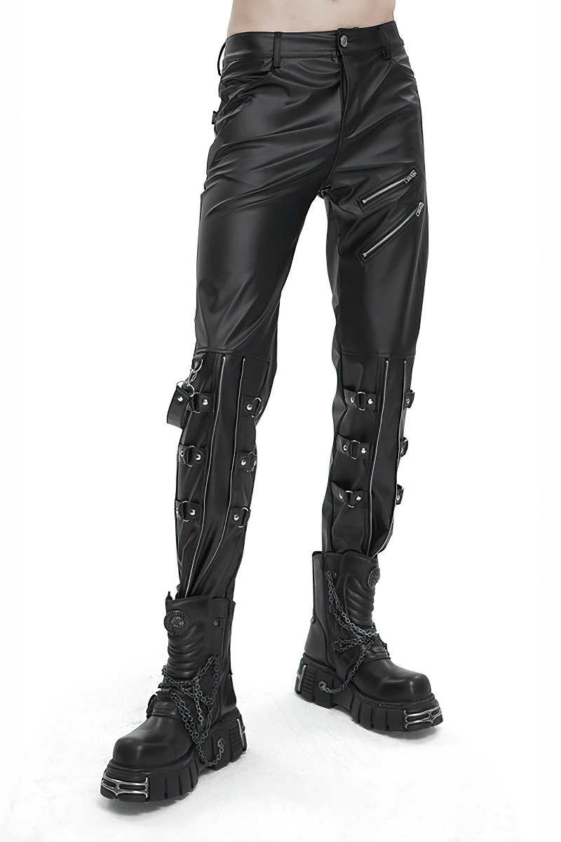 Men's punk-inspired faux leather fitted pants with detachable straps and bold black details.