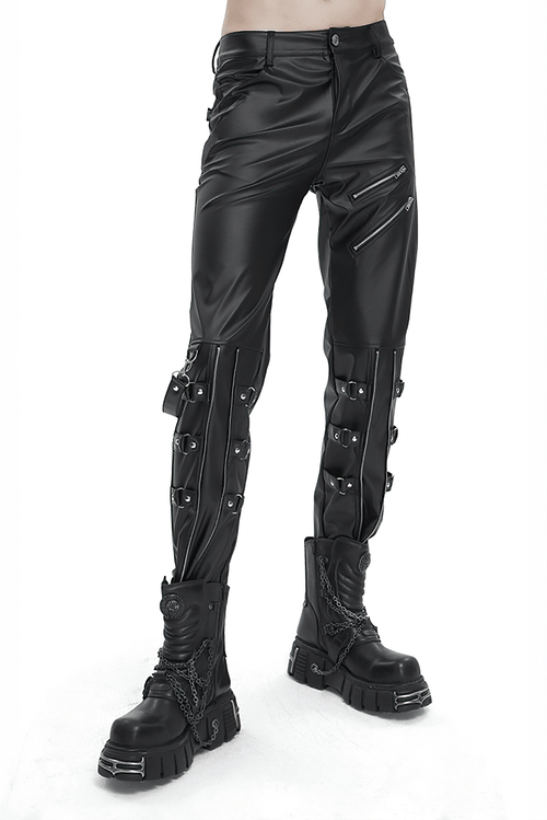 Pantalones ajustados de piel sintética con correas desmontables/pantalones masculinos con bolsillos negros