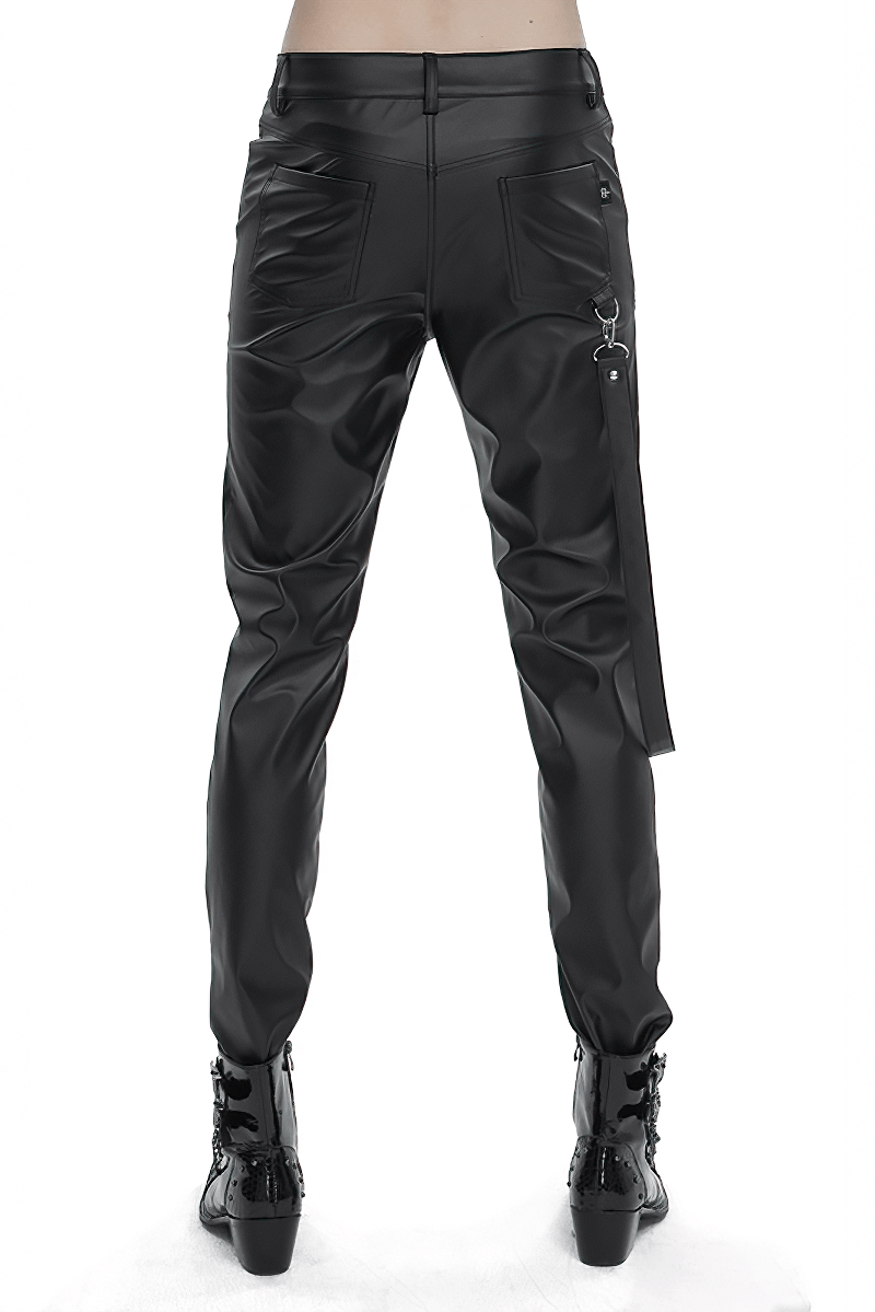 Back view of men's punk-inspired faux leather fitted pants with detachable strap and pocket details.