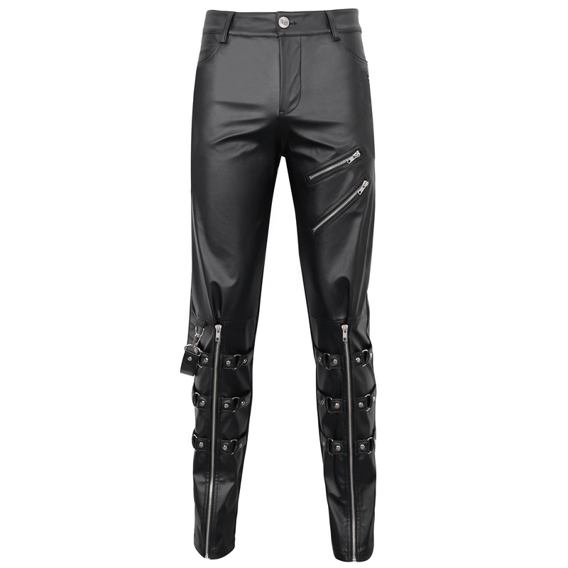 Men's punk-inspired faux leather fitted pants with detachable straps and sleek black pockets.