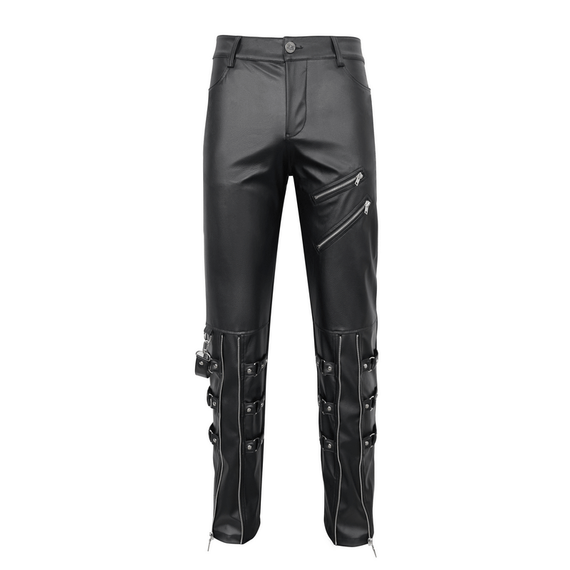 Edgy black faux leather fitted pants with detachable straps and stylish zippers for a punk-inspired look.