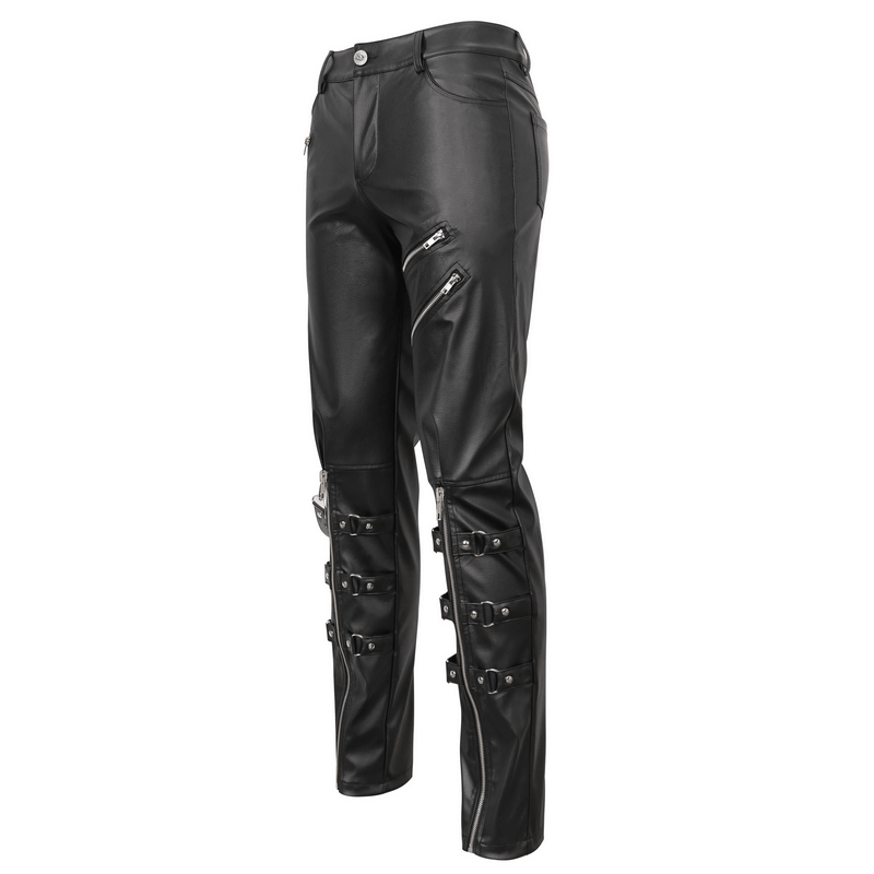 Men's punk-inspired faux leather fitted pants with detachable straps and stylish zippers in black.
