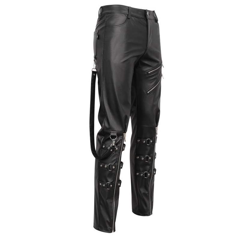 Men's punk-inspired faux leather fitted pants with detachable straps and edgy black pockets.