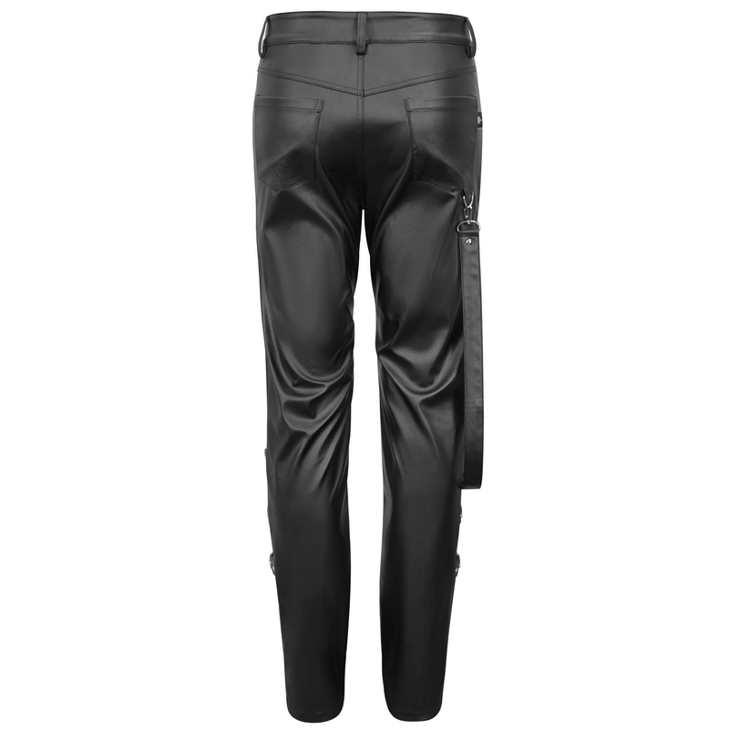 Back view of men's punk-inspired faux leather fitted pants with detachable strap and practical black pockets.