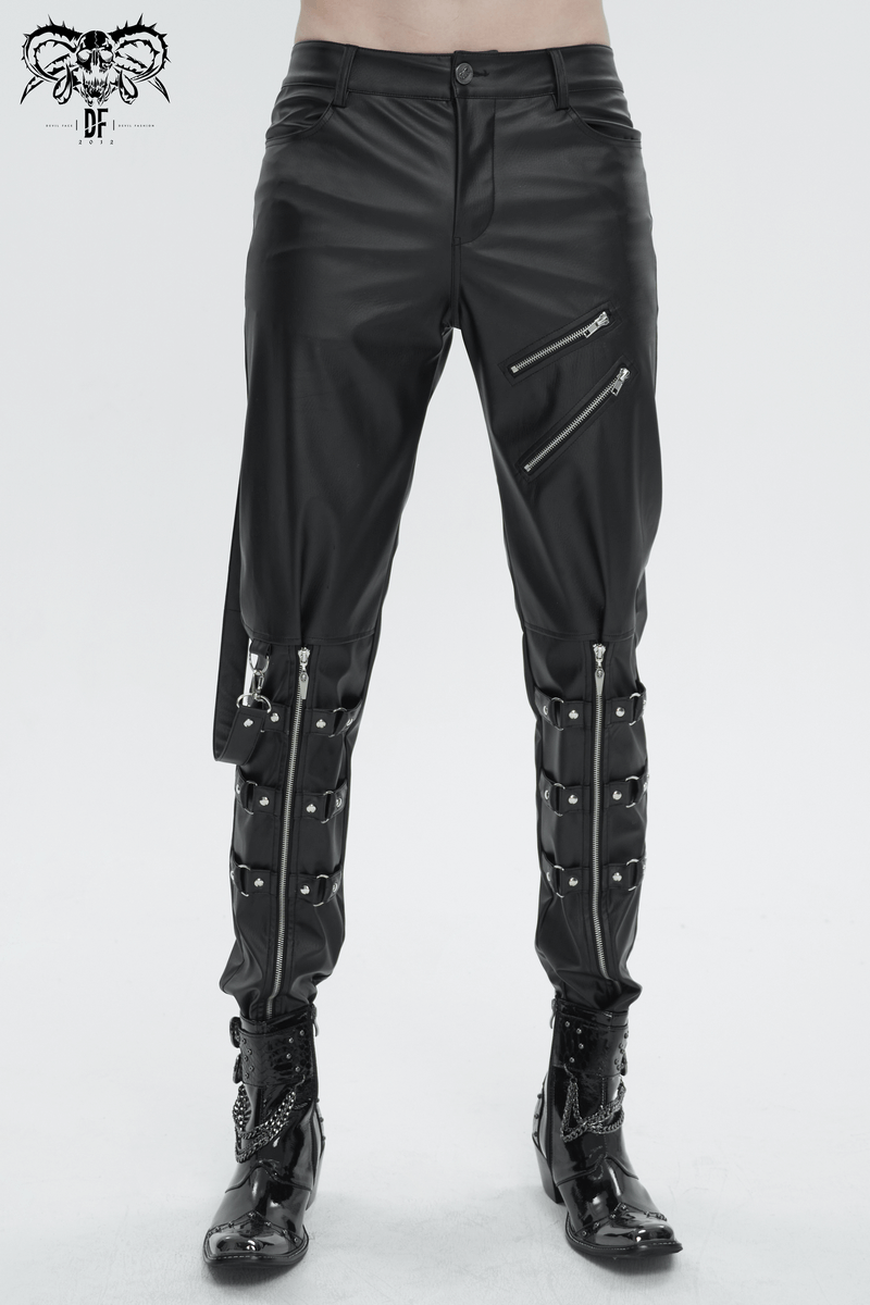 Men's punk-inspired faux leather fitted pants with detachable straps and stylish zippers, perfect for edgy fashion.