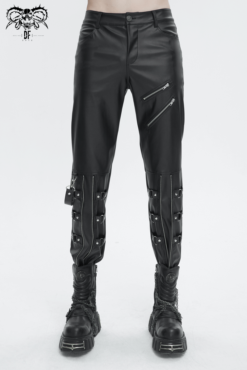 Punk Faux Leather Fitted Pants With Detachable Strap / Fashion Black Pockets Male Trousers - HARD'N'HEAVY