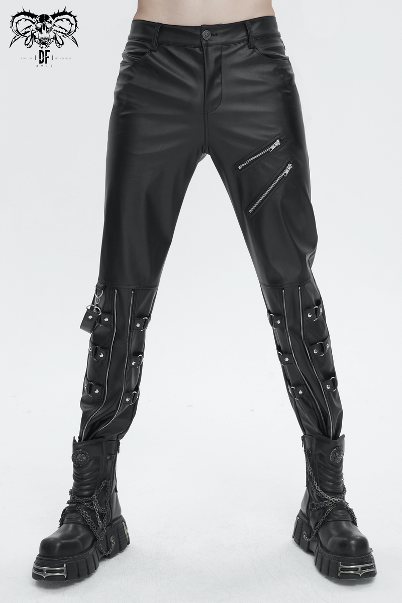 Punk Faux Leather Fitted Pants With Detachable Strap / Fashion Black Pockets Male Trousers - HARD'N'HEAVY