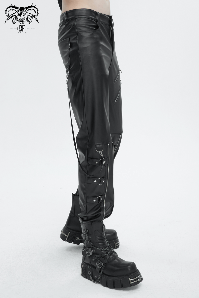 Men's punk-inspired faux leather fitted pants with detachable straps and pockets, perfect for edgy fashion.
