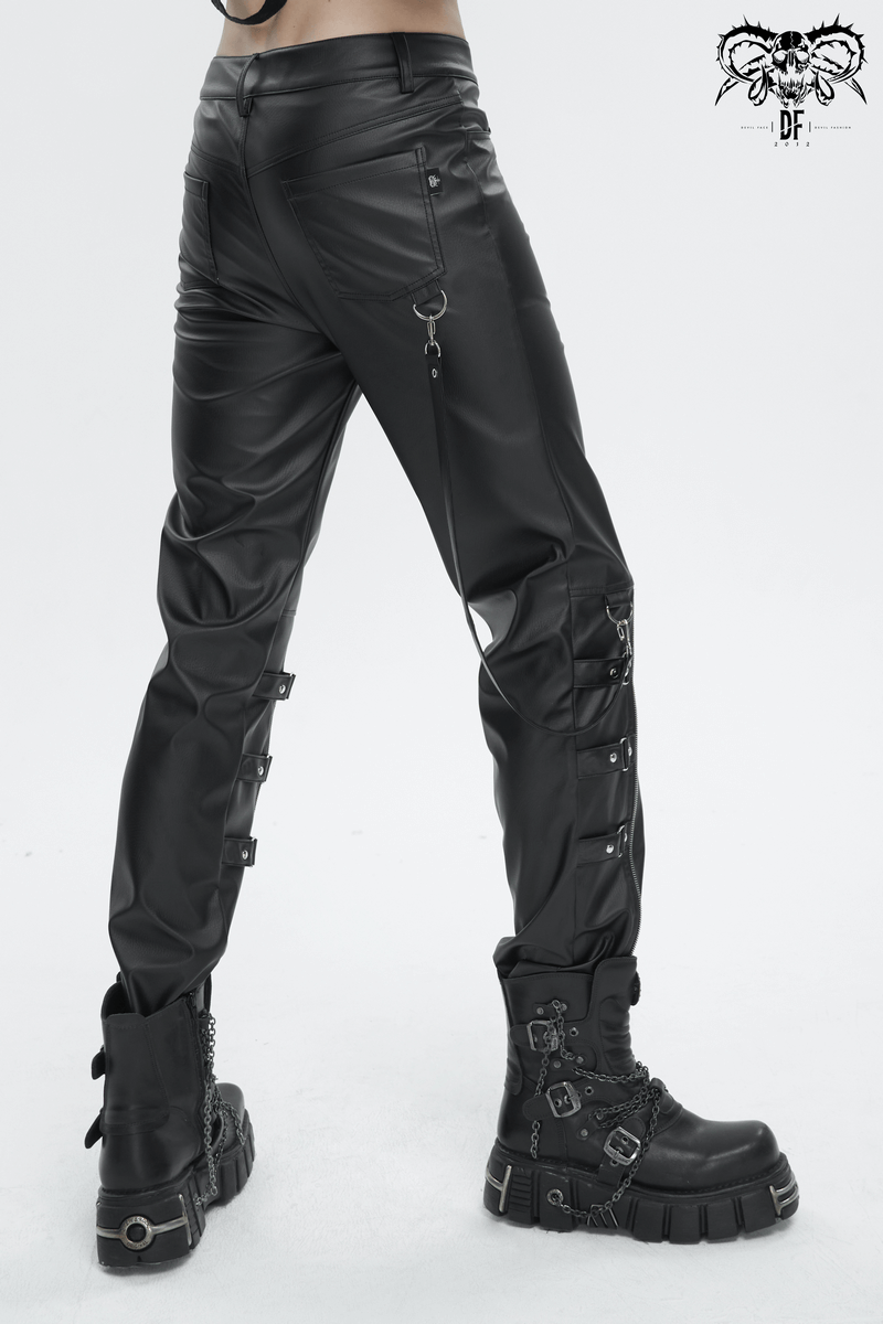 Men's punk-inspired faux leather fitted pants with detachable straps and black pockets, showcasing edgy style.