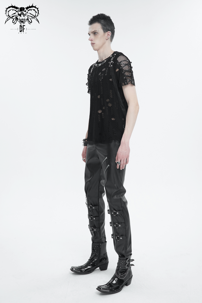Men's punk-inspired fashion featuring black faux leather fitted pants with stylish detachable straps.
