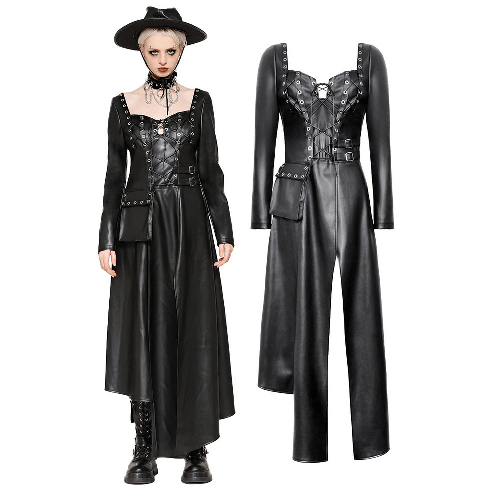 Gothic faux leather dress with harness, buckle details, grommets, lace-up front, and asymmetrical hemline for dark aesthetic.