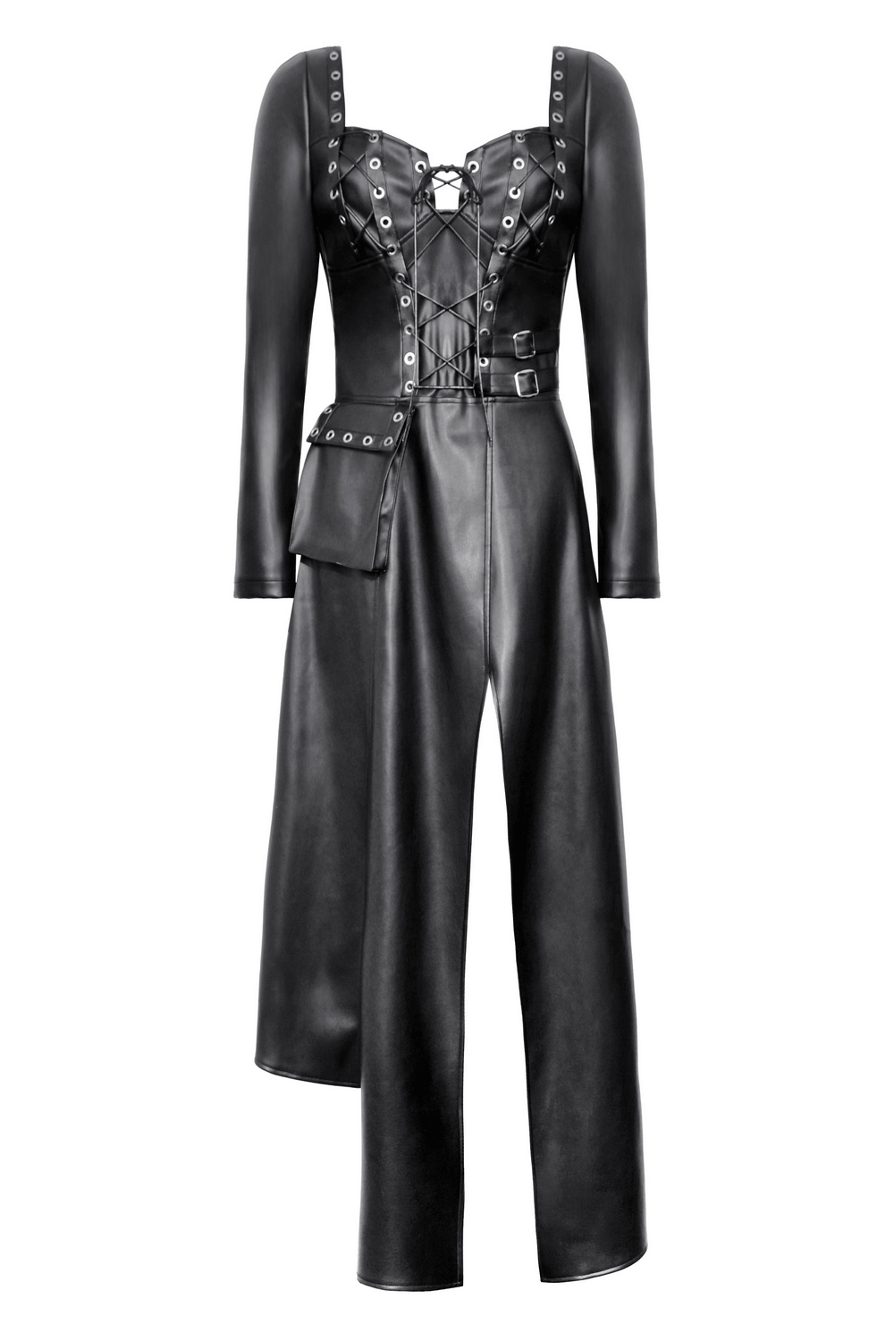 Faux leather gothic dress with harness, grommets, and asymmetrical hem, perfect for a dark aesthetic wardrobe.