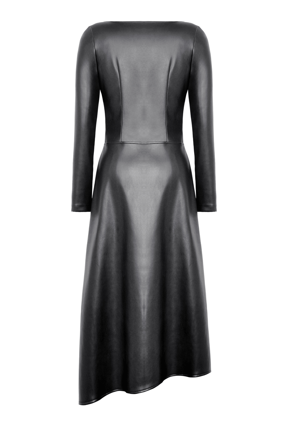 Back view of a dark faux leather gothic dress with long sleeves and asymmetrical hemline, perfect for a striking aesthetic.