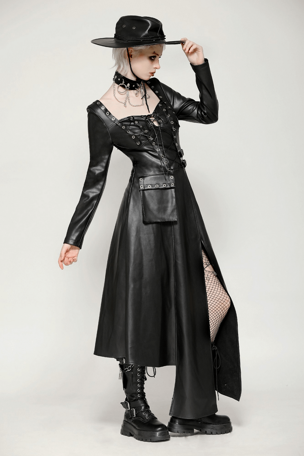 leather goth dress Gothic Black Patent Leather Dress with Double Slits