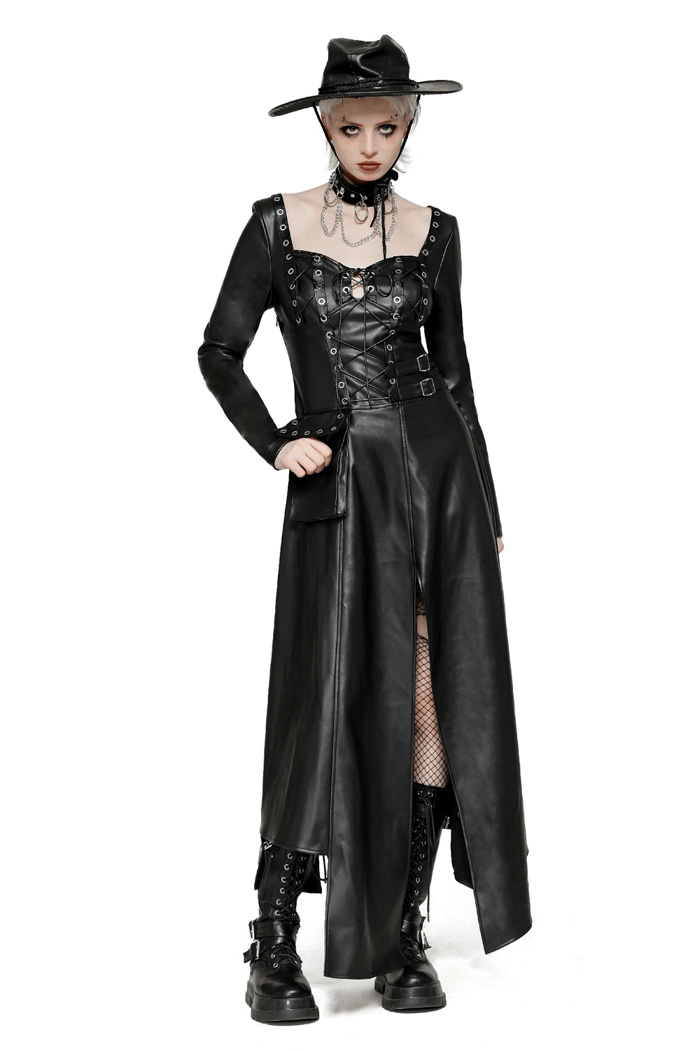 Dark aesthetic faux leather Gothic dress with harness, lace-up details, and grommets, styled for a dramatic look.