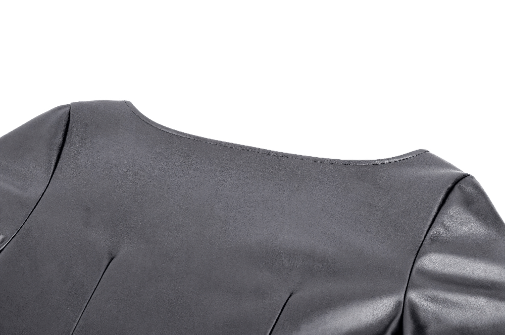 Close-up of the sleek back neckline of a dark faux leather gothic dress, showcasing its smooth texture and stylish design.