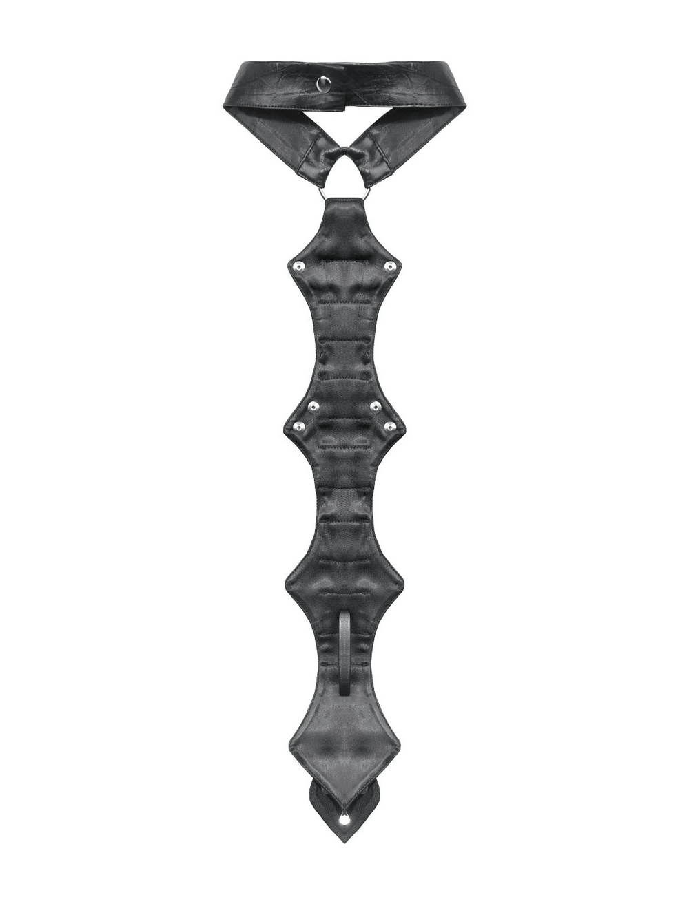 Trendy faux leather gothic neck harness with bold rivet details and adjustable straps for a punk-inspired look.