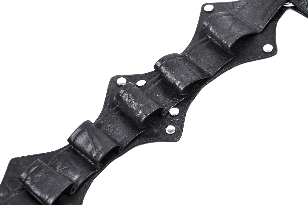 Close-up of a faux leather gothic neck harness featuring rivet details, perfect for punk-inspired fashion.