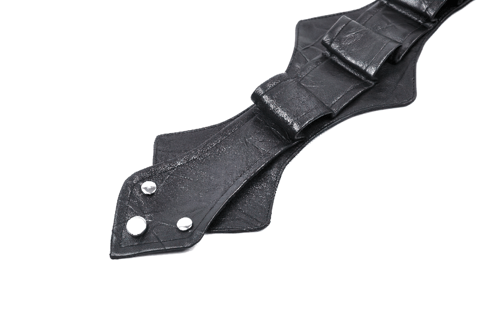 Close-up of a faux leather gothic neck harness with rivet detail and adjustable straps for a punk-inspired look.