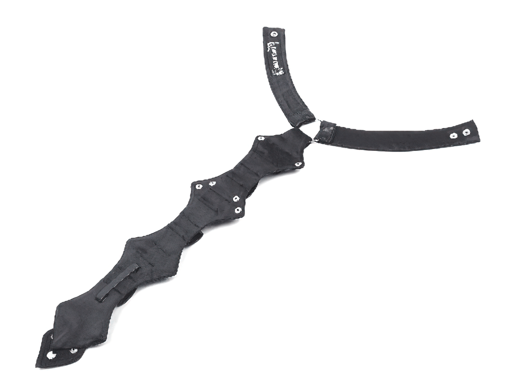 Punk-inspired faux leather neck harness with rivet detail, adjustable straps for a custom fit.