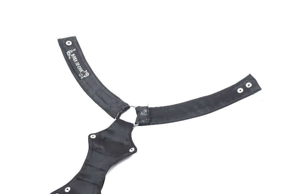 Faux leather gothic neck harness with rivet detail, perfect for punk-inspired outfits and adjustable for a customized fit.