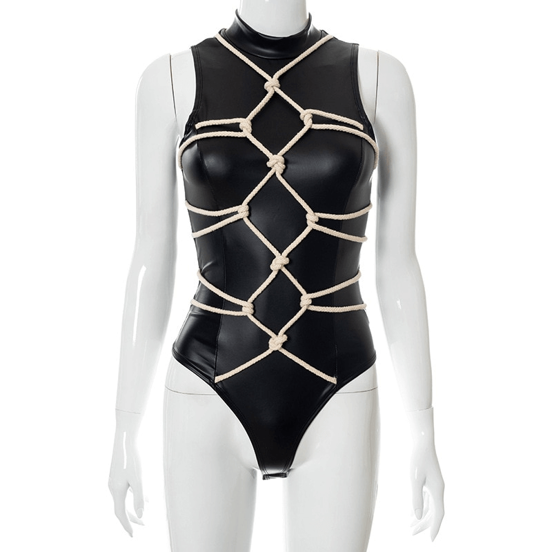 Faux leather grunge bodysuit with cross rope detailing for a gothic punk style
