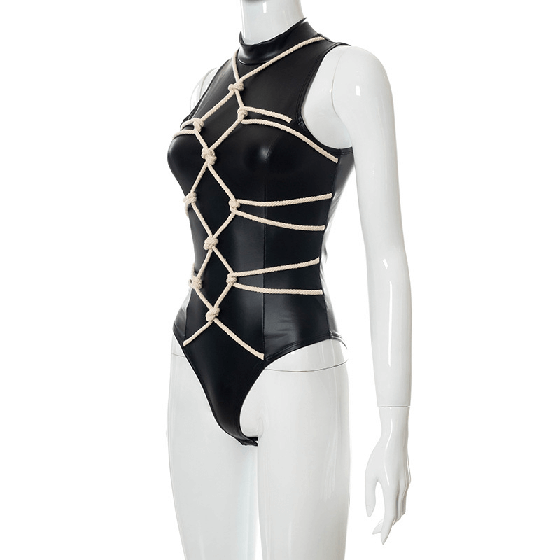 Faux leather grunge bodysuit with cross-rope detailing, perfect for alternative gothic punk fashion enthusiasts.