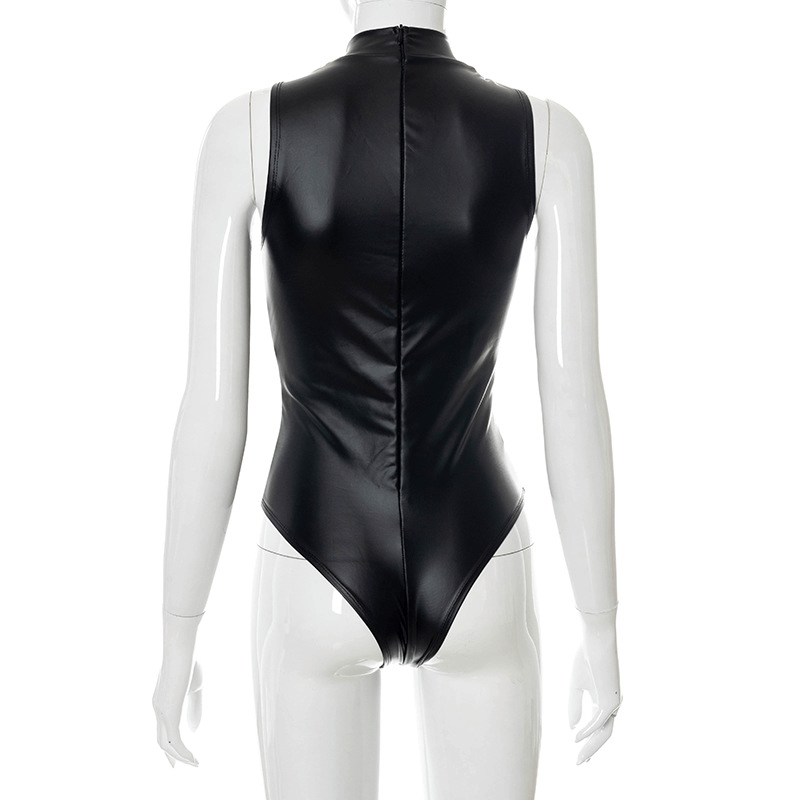 Black faux leather bodysuit back view, showcasing a sleek grunge design and modern Gothic style.