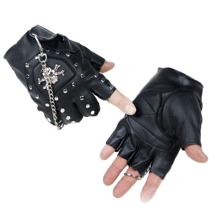 Faux leather half-finger gloves adorned with metal skull and rivets, perfect for punk and goth style.