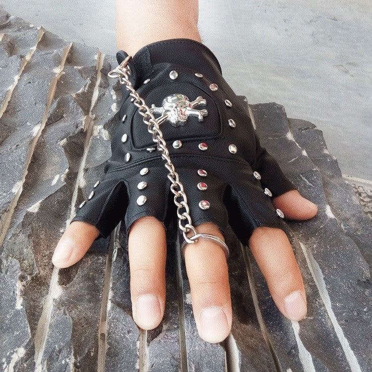 Faux leather half-finger gloves with metal skull and rivets; perfect for punk rock and goth style!