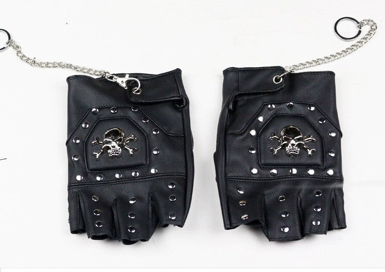 Faux leather half-finger gloves with skull detail and rivets for punk rock style, perfect for alternative fashion lovers.