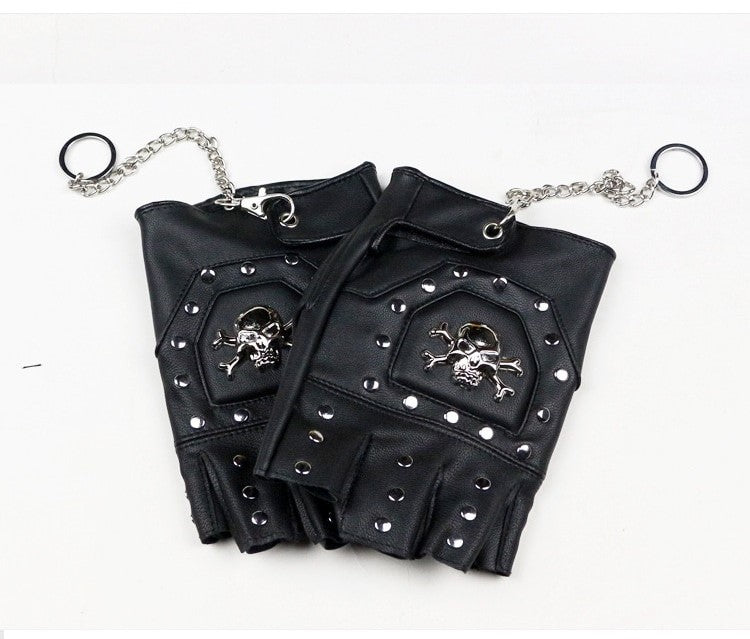 Faux leather half-finger gloves with metal skull, rivets, and chain - perfect for punk and goth fashion!