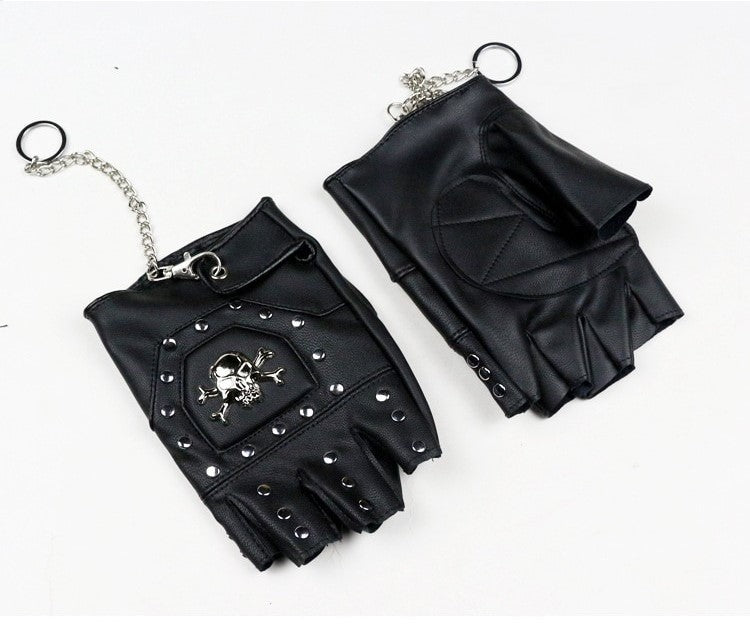 Faux leather half-finger gloves with metal skull, rivets, and chain for punk and goth style.