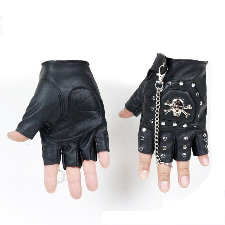 Faux leather half-finger gloves with metal skull and rivets, perfect for punk and goth rock style.