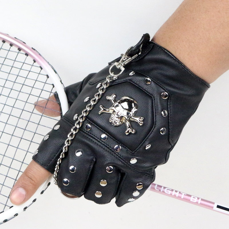Faux leather half-finger gloves with metal skull and rivets, perfect for punk and goth fashion enthusiasts.