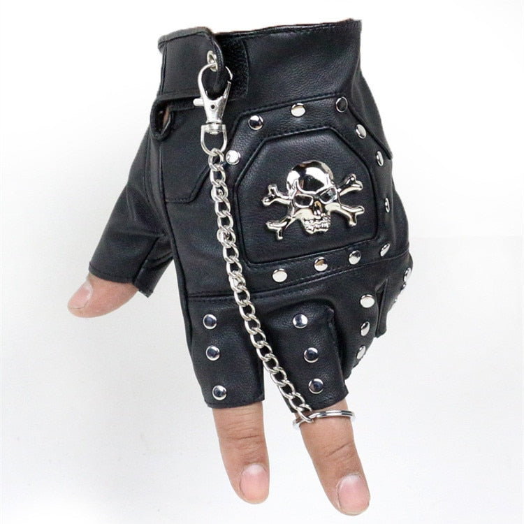 Faux leather half-finger gloves with metal skull design, rivets, and chain for punk and goth fashion.
