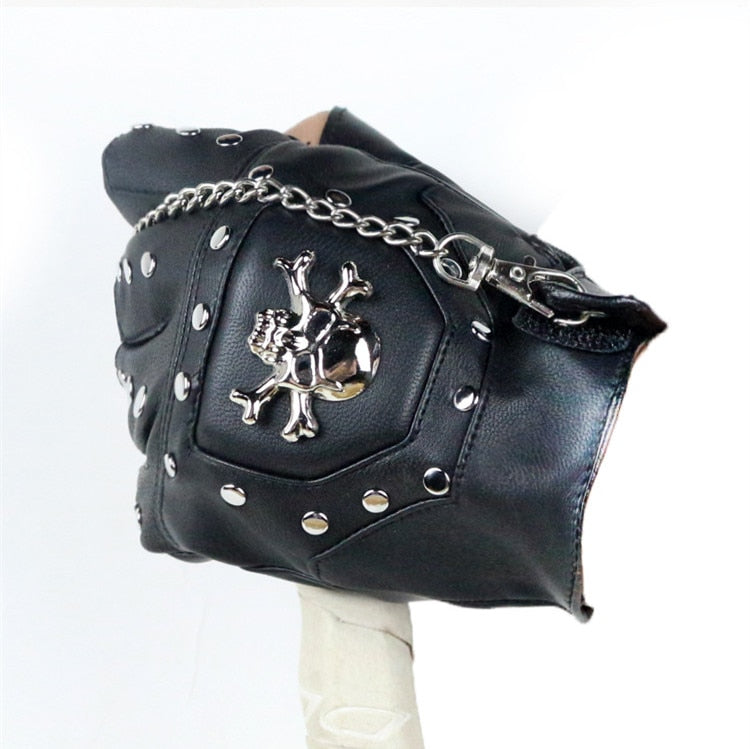 Stylish faux leather half-finger gloves with skull detail, rivets, and chain for punk rock fashion.
