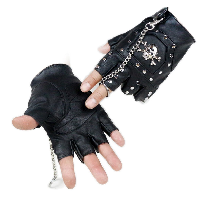 Faux leather half-finger gloves featuring metal skull and rivets, perfect for punk and goth rock style.
