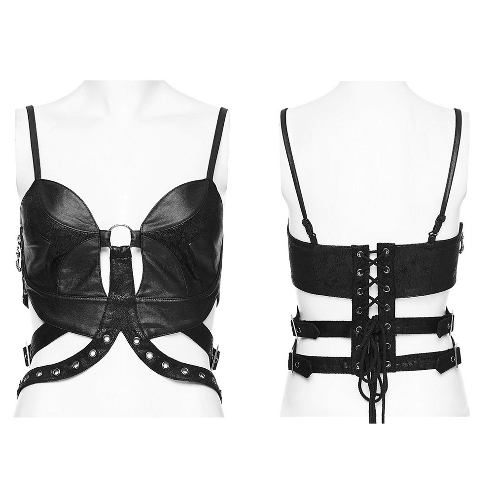 Black faux leather lace-up corset top with buckle details and adjustable back lacing.