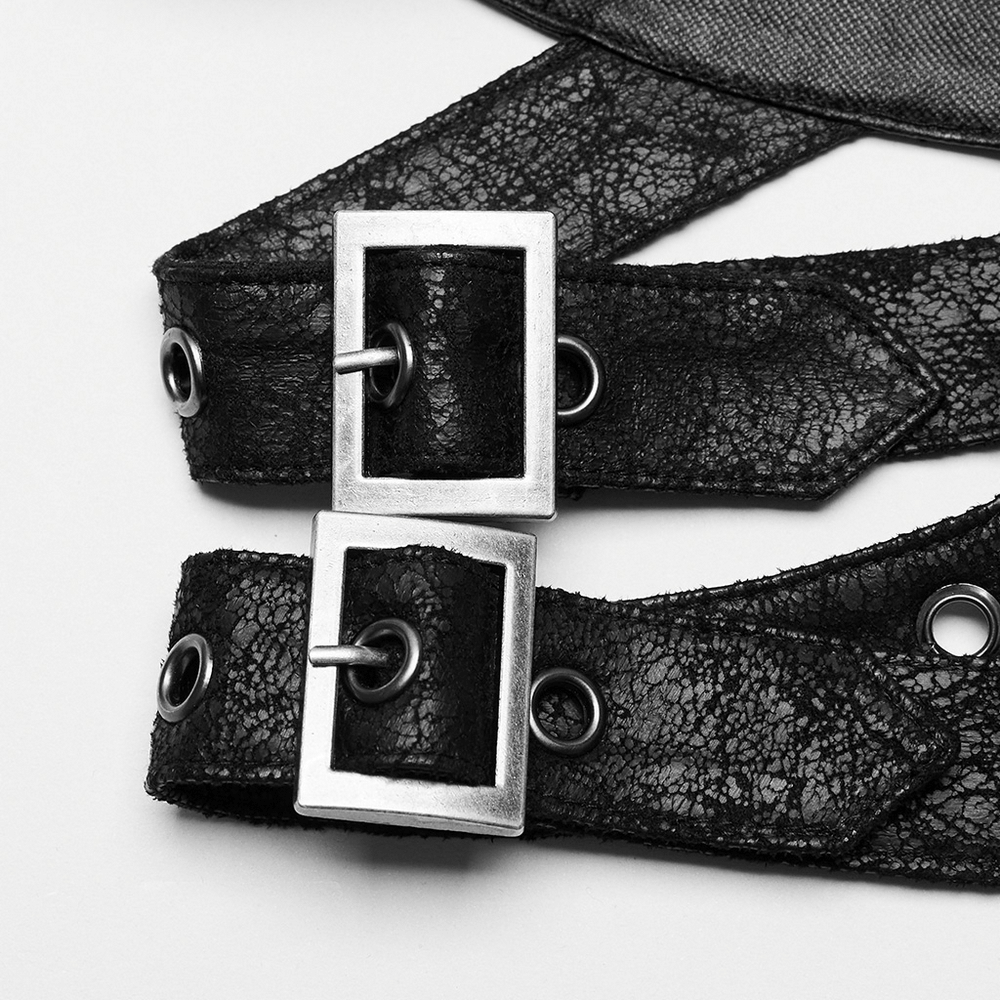 Close-up of adjustable black cracked faux leather straps with silver buckles and eyelet details for a corset top.