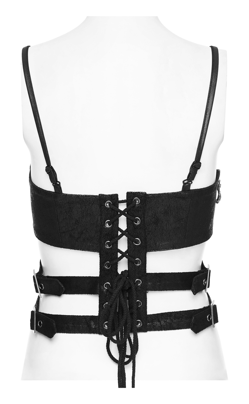 Back view of a black cracked faux leather corset top with lace-up and eyelet details for an edgy rockstar look.