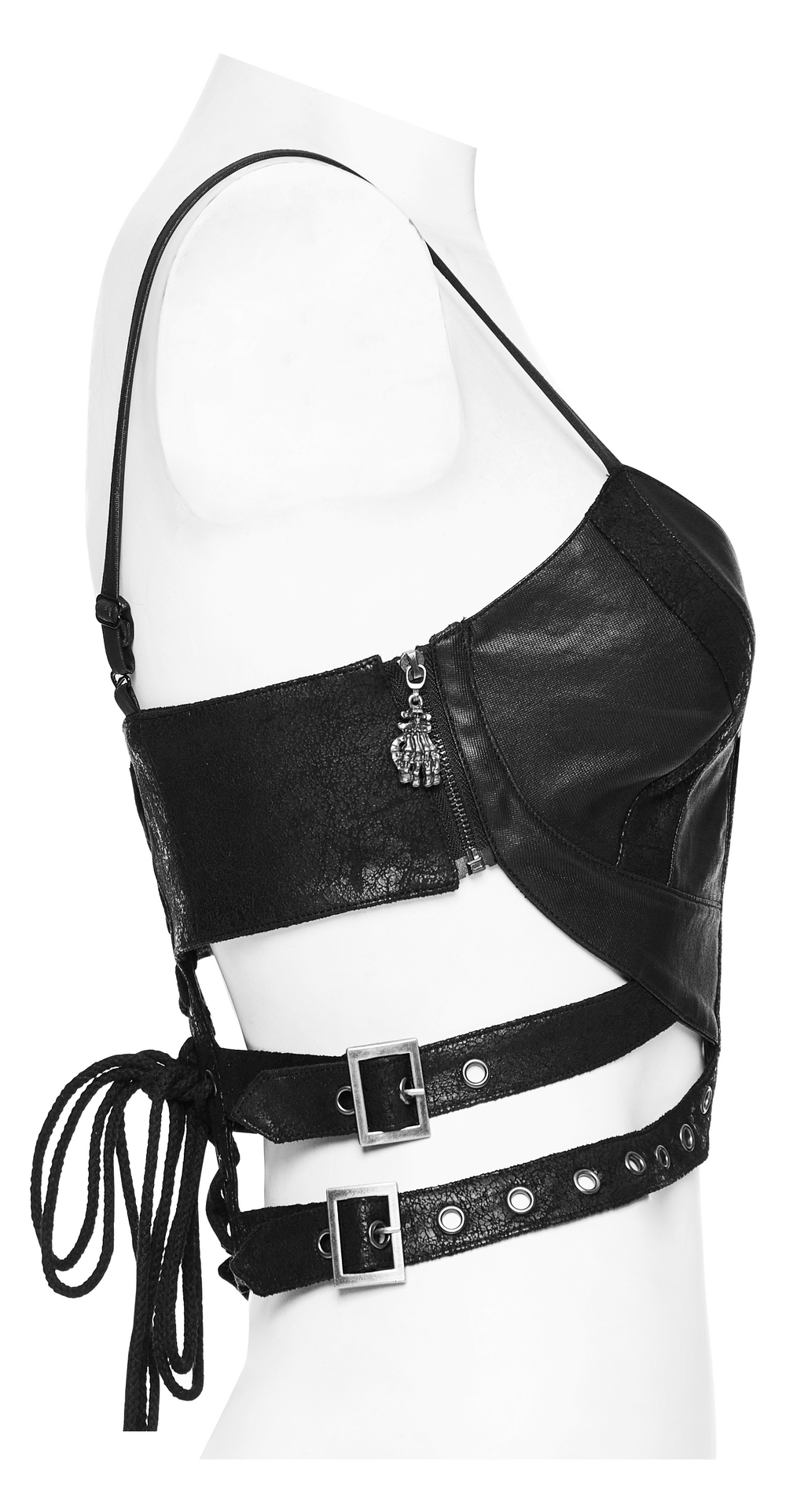 Edgy black cracked faux leather corset top with eyelet and zipper, featuring side buckles and back drawstring.