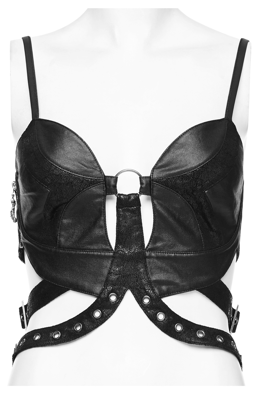 Back view of a black faux leather corset top with eyelet and zipper details for an edgy rockstar look.