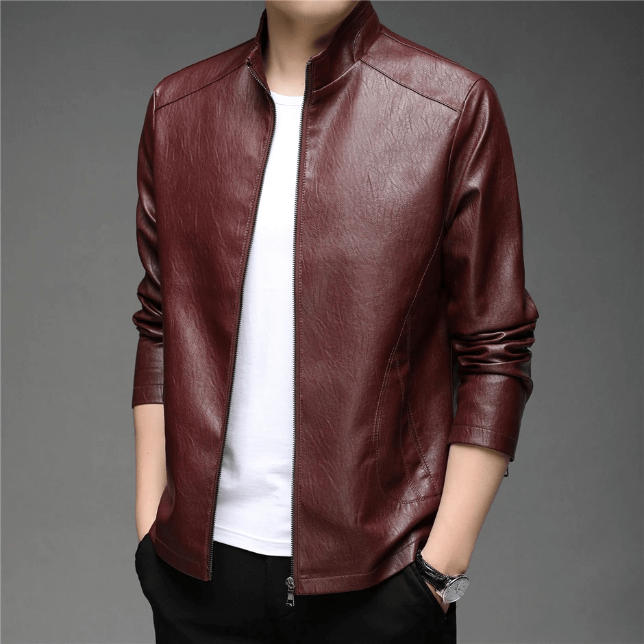 Faux Leather Minimalistic Zip-up Jacket with Stand Collar / Men's Aesthetic Outfits
