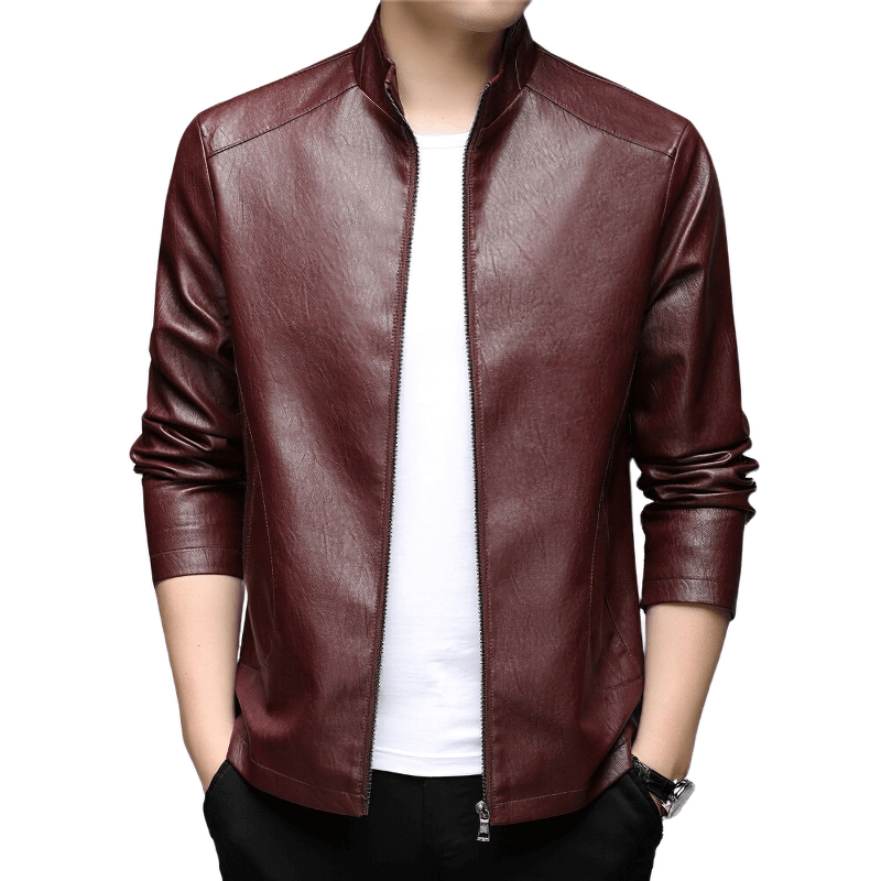 Faux Leather Minimalistic Zip-up Jacket with Stand Collar / Men's Aesthetic Outfits