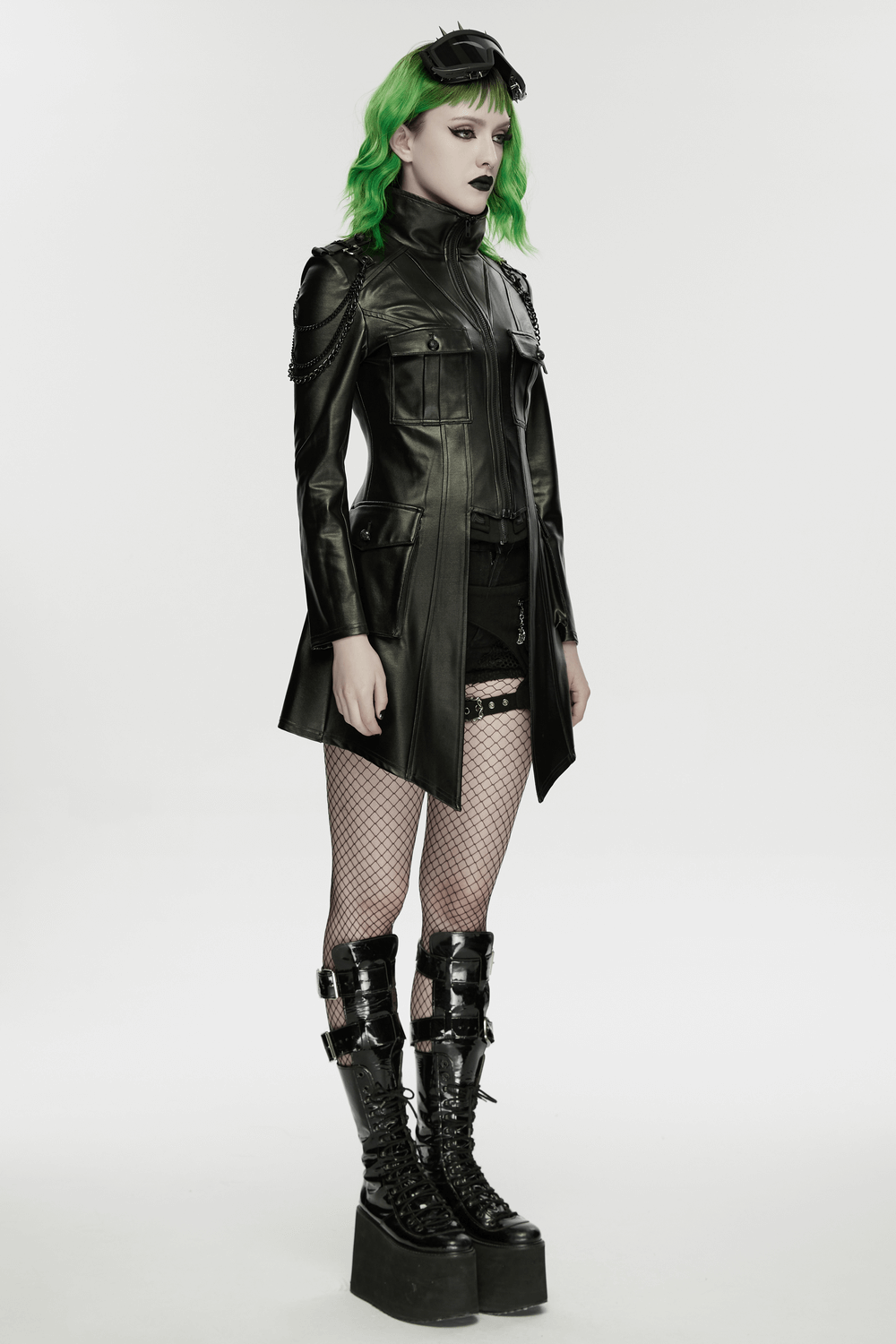 Faux Leather Punk Jacket with Chain Details and Lace-Up Back worn by model with green hair and edgy fashion.