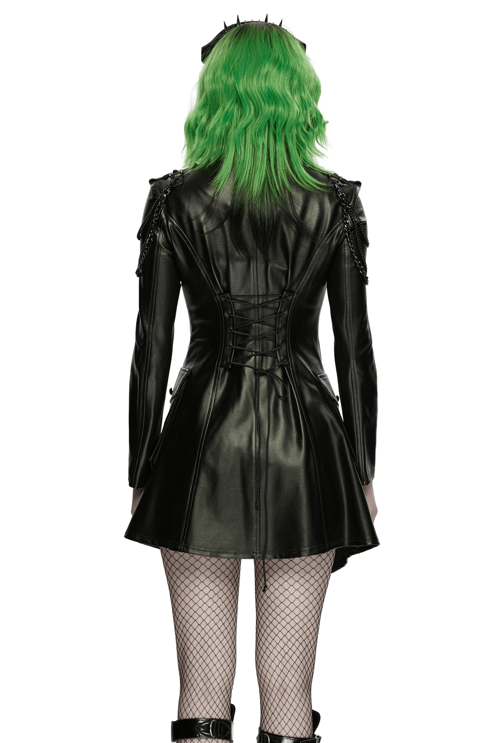 Faux Leather Punk Jacket with Chain Details and Lace-Up Back showcasing the stylish back lacing and edgy details.