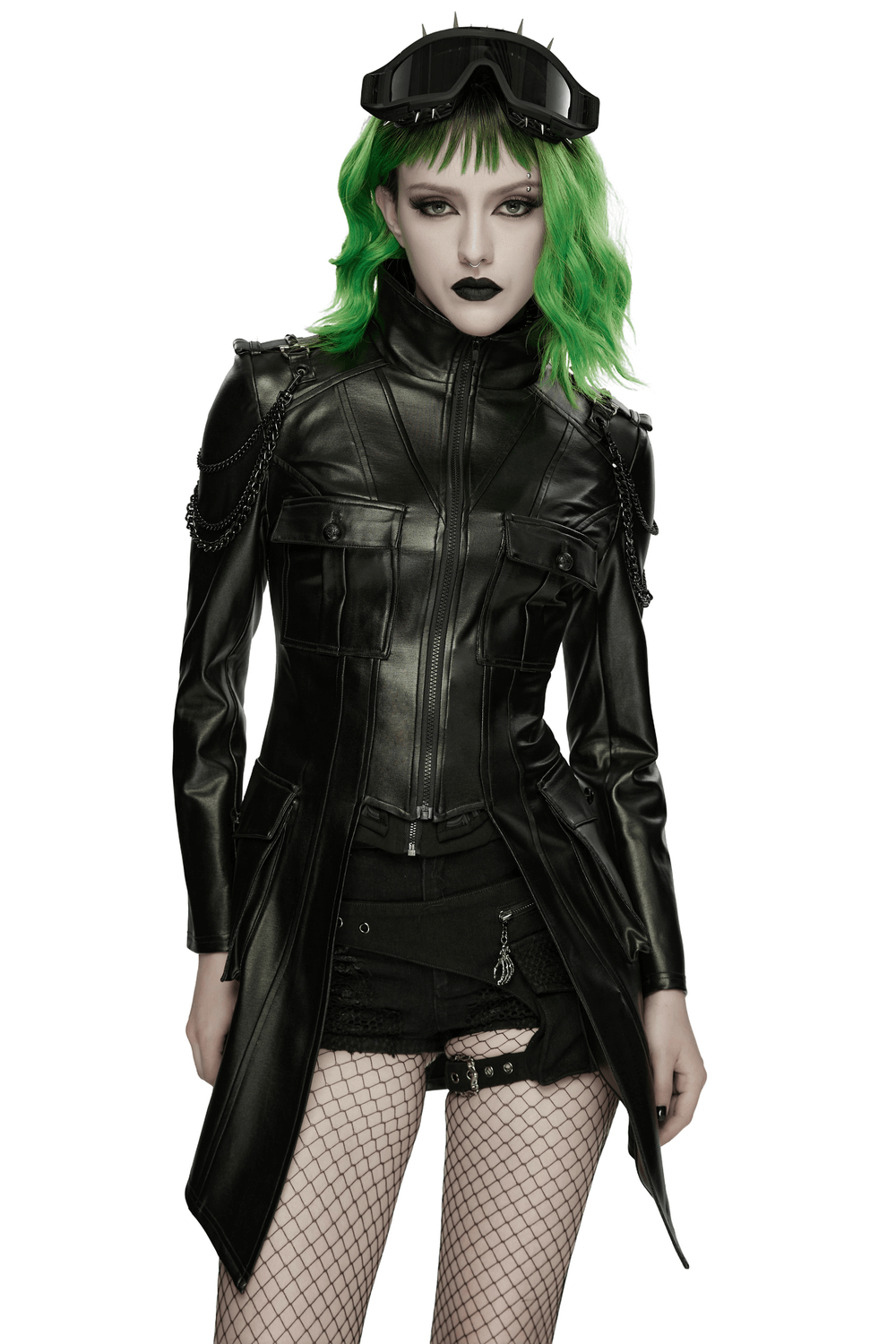 Faux Leather Punk Jacket with Chain Details and Lace-Up Back worn by model with green hair and bold makeup