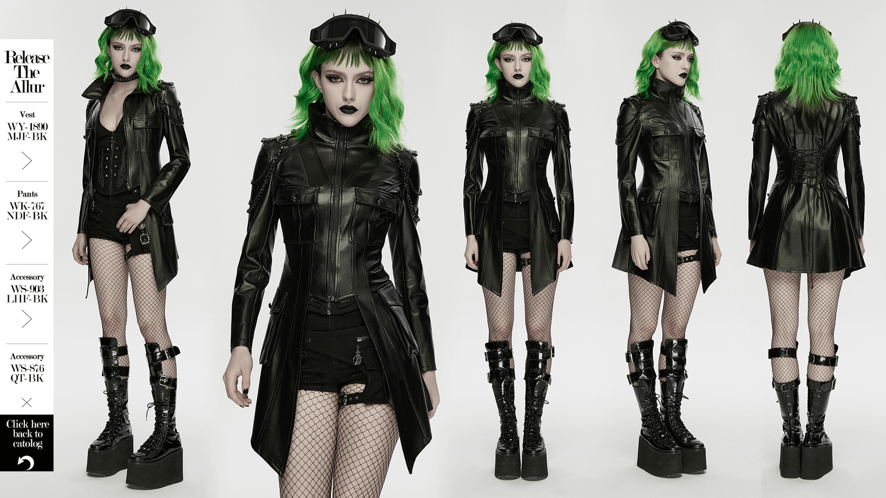 Faux Leather Punk Jacket with Chain Details and Lace-Up Back worn by model with green hair and edgy accessories
