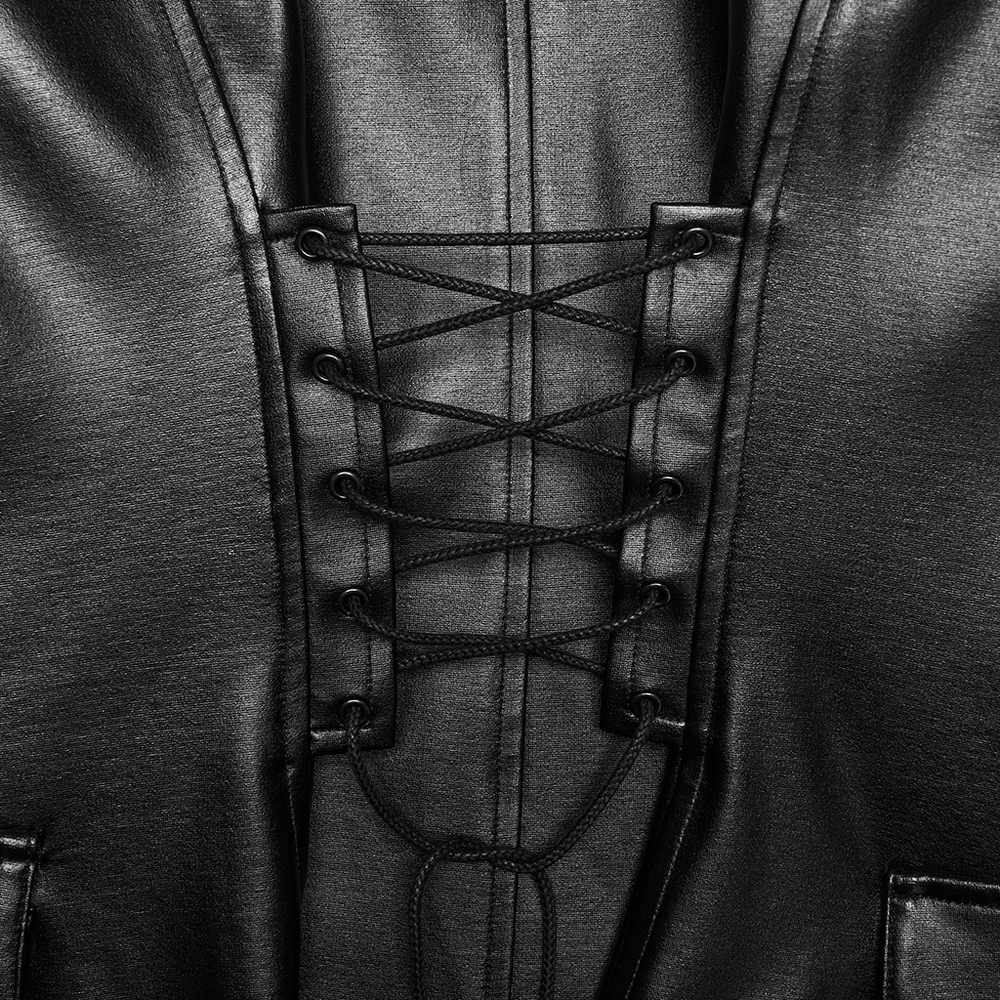Faux Leather Punk Jacket with Chain Details and Lace-Up Back showing intricate lace-up design close-up.